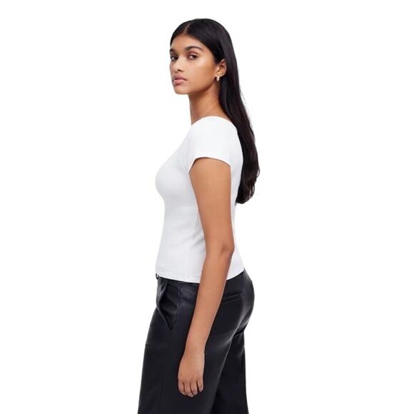 Madewell White Ribbed Cotton Cap Sleeve Crewneck Tee Top Size M NWT - Picture 3 of 9